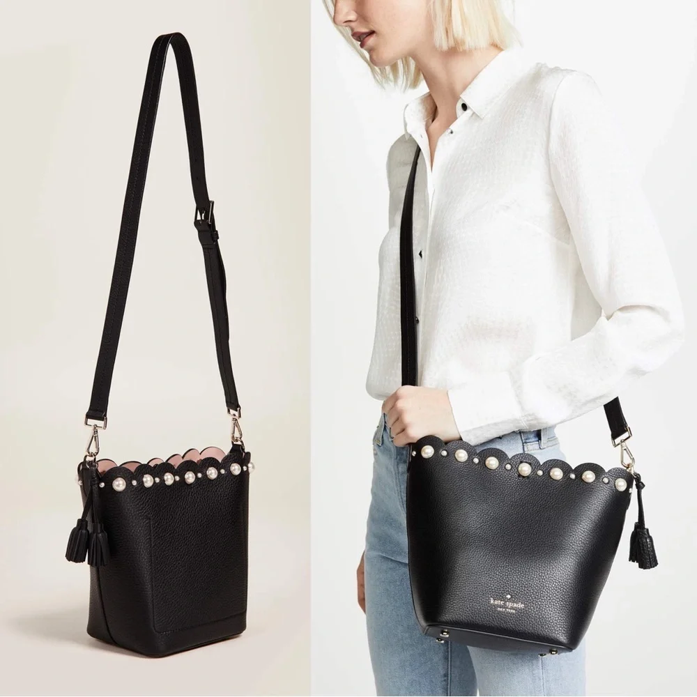 Kate Spade • Hayes Street Pearl Vanessa Bucket Bag black pebbled leather purse